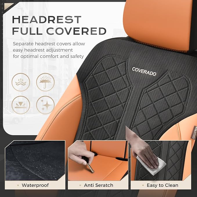 Coverado Car Seat Covers Full Set, Waterproof Seat Covers, 5-Piece Brown Automotive Seat Covers, PU Leather & Breathable Mesh Seat Protectors, Universal Fit for SUVs, Trucks, Sedans - Image 6