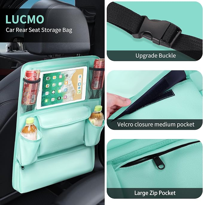 LUCMO Car Backseat Organizer with Touch Screen Tablet Holder, Light Blue | 9 Storage Pockets,Clear Tablet Holder,Protectors Kick Mats,Travel Accessories,Seat Cover,Road Trip Essentials - Image 2