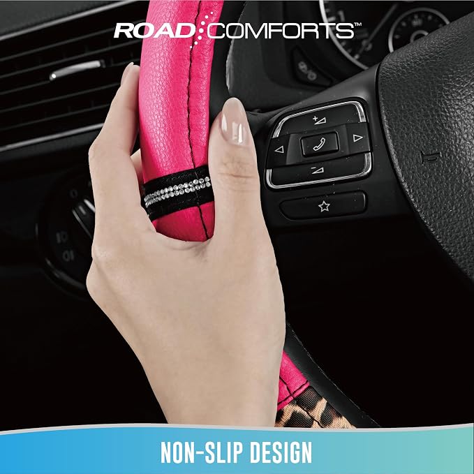 Road Comforts Leopard Steering Wheel Cover for Women, Cute Anti-Slip Microfiber Leather, Universal Fit 14.5-15 Inch Round Steering Wheel - HotPink - Image 8