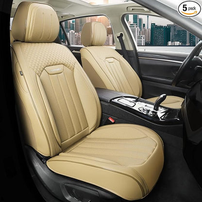 Beige Leather Seat Covers, 5 Seats Universal Car Seat Covers Full Set, Waterproof Automotive Seat Covers Breathable Front and Rear Seat Covers for Most Sedans SUVs Trucks by COVEREMPIRE