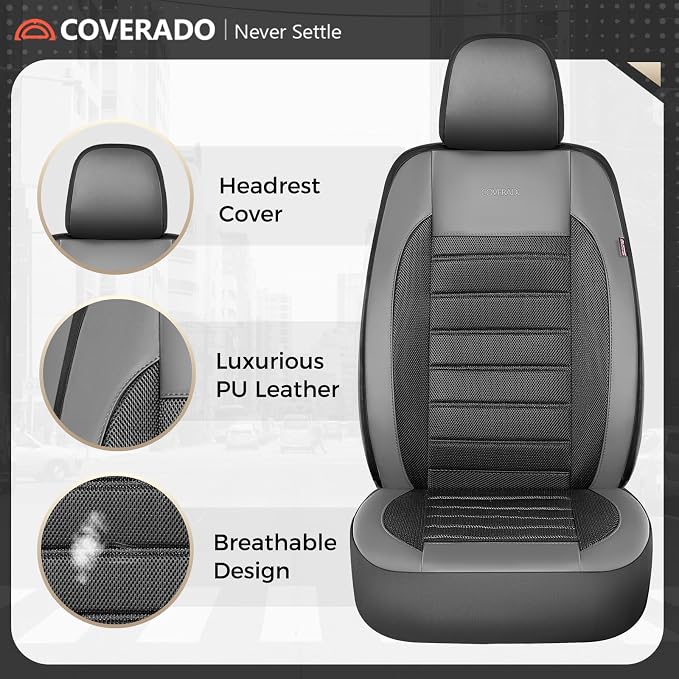 Coverado Car Seat Covers Full Set, Luxury Leather Car Seat Protector, Automotive Front and Rear Mesh Seat Covers, Full Set 5 Seats, Black Gray Seat Cushion for SUV Sedan Truck - Image 7