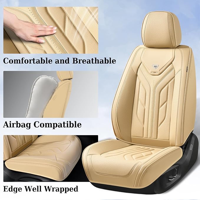Coverado Seat Covers, Car Seat Covers Front Seats, Leather Seat Covers for Cars, Automotive Seat Covers Car Seat Protector Car Seat Cushion Universal Fit for Most Sedans SUV Pick-up Truck(Beige) - Image 3