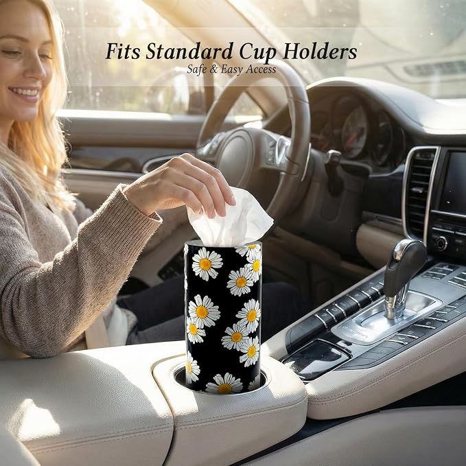 Car Tissues Cylinder for Cup Holder - Refillable Round Tissues Canister with 2 Packs Tissue - Boho Floral Car Interior Accessories for Women & Men - Cute Flower Cars Decorations (Daisy) - Image 3