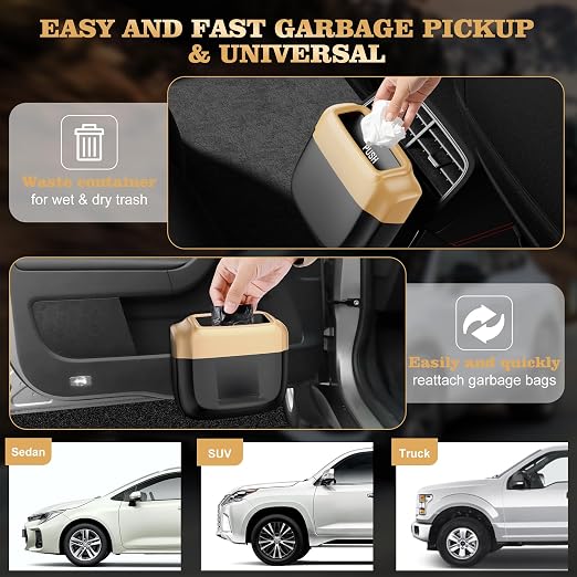 2 Pack Car Trash Can with Lid, Built-in Storage Garbage Bag, Gold | Leakproof Car Door Trash Can with Hook, 60pcs Trash Bags, Mini Automotive Garbage Bin for Vehicle, Office, Home - Image 7