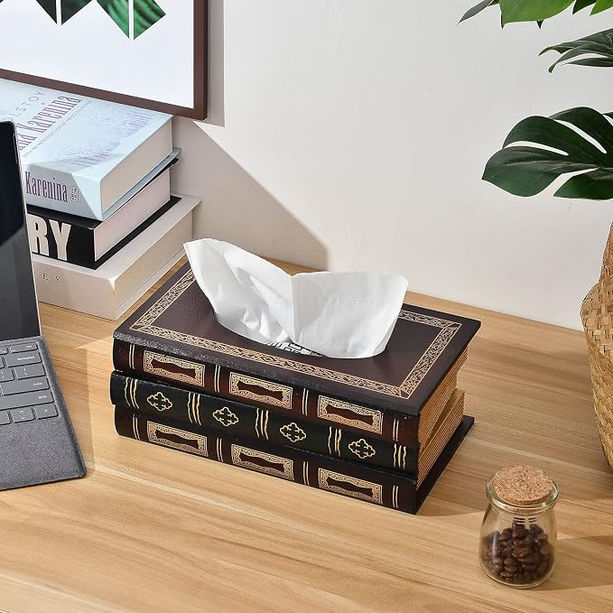 Crafted Classical Retro Wooden Antique Book Tissue Box Cover Rectangular Tissue Holder Dispenser Paper Cover Case Napkin Holder Home Decor for Bathroom Living Room Office car Kitchen (Red) - Image 5