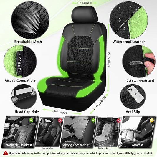 CAR PASS Leather Car Seat Covers Front Seats only, with Air Mesh Front Seat Covers Breathable, Cool Automotive Seat Covers 2 Pack, Universal Fit Most Cars,SUV,Truck,Van Airbag Compatible(Black Green) - Image 2