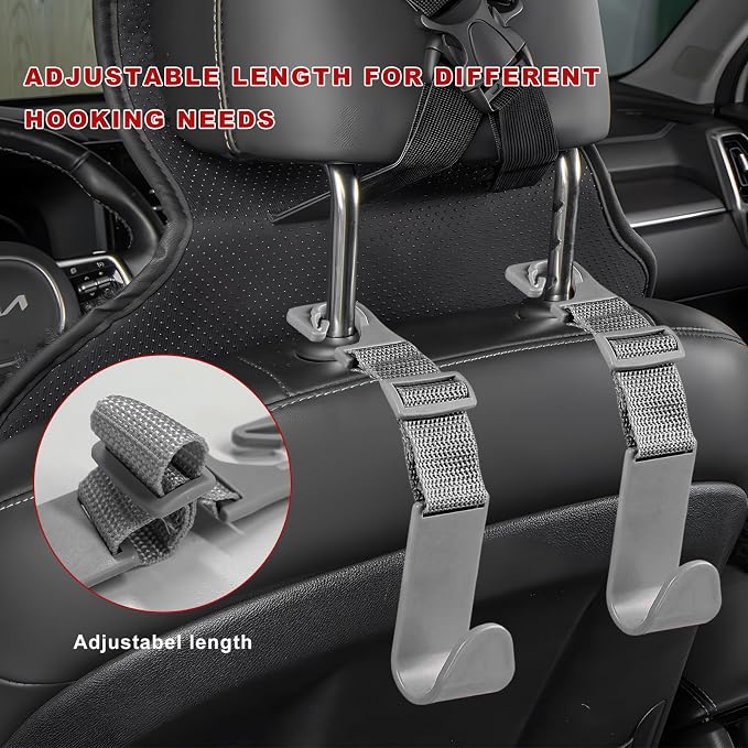 4PCS Car Seat Headrest Hook, Adjustable Vehicle Backseat Hanger Storage Organizer, Universal Seat Back Holder Hooks for Purse Coat Grocery Bag, Car Accessories (Gray) - Image 6