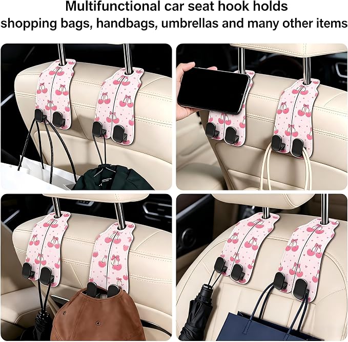 Car Seat Back Headrest Hooks - 2 Pack, Pink Cherry Bow Pattern Purse Hook for Car, Metal Leather Multifunctional Auto Hanger Organizer for Bags Water Bottles Phones - Image 6