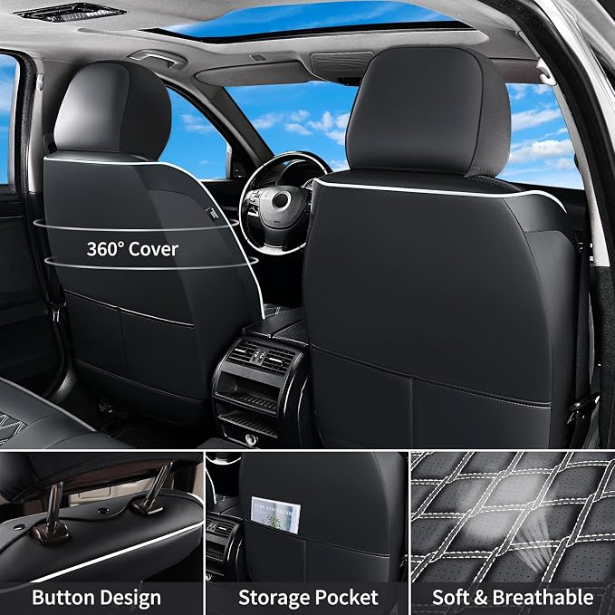 Huidasource F150 Front & Back Leather Seat Covers Accessories Fit for 2015-2026 F150 SuperCrew & 2017-2026 F250 F350 F450 Super Duty Crew Cab XL XLT Lariat King Ranch Platinum(Full Set/Black&White) - Image 3