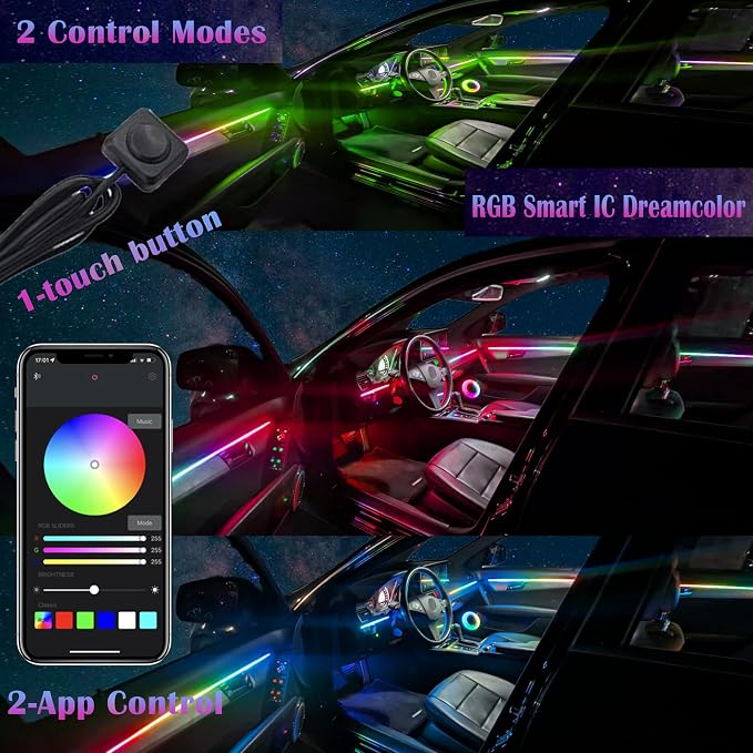 Dreamcolor Acrylic Interior Car LED Strip Light, RGB 6 in 1 Fiber Optic Ambient Lighting Kits, 16 Million Colors Sound Active Function Car Neon Lights with Wireless APP - Image 5