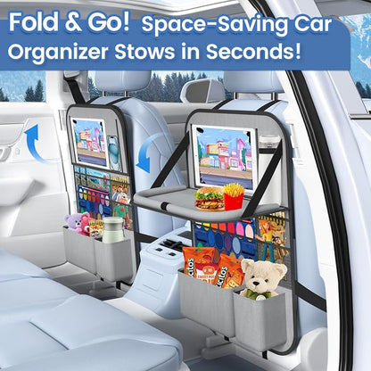 2PACK-Car Backseat Organizer with Touch Screen Tablet Holder,9 Storage Pockets Storage Organizer with Foldable Food Tray, Protector Kick Mats for Kids, Travel Accessories Organizer (Grey) - Image 3