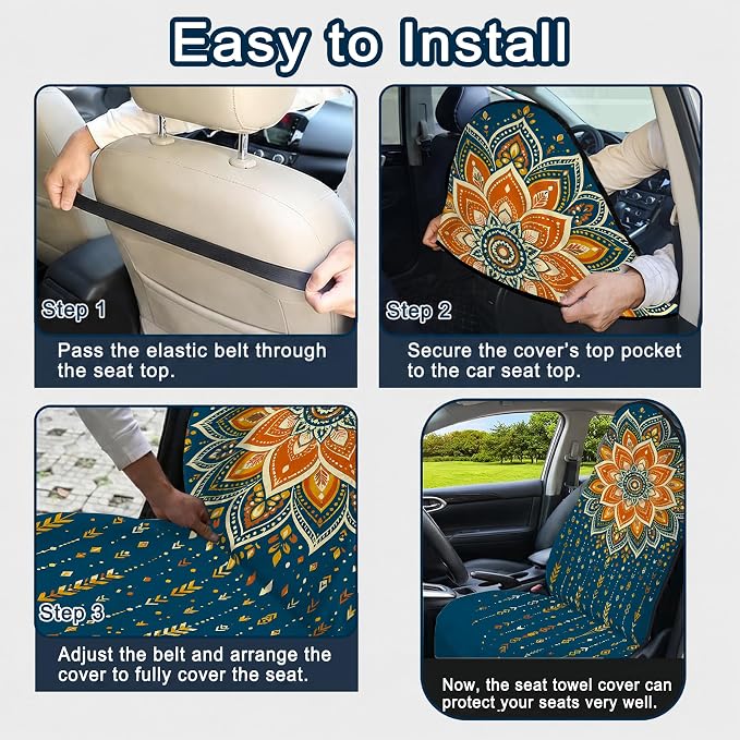 Car Seat Towel Cover 2 Pack for Front Seats, Sweat Absorbent Car Seat Protector with Non-Slip Backing, Waterproof Towel Car Seat Covers for Runners, Gym, Swimming, Beach, Pets, Boho Mandala - Image 8