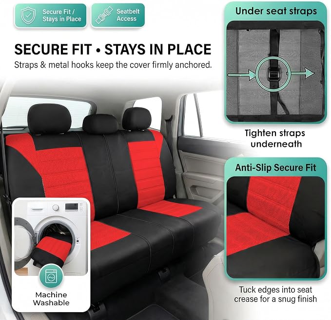 FH Group Automotive Car Seat Covers Rear Set Premium 3D Air Mesh Seat Covers, Airbag Compatible and Split Bench Cover Universal Fit Interior Accessories for Cars Trucks and SUVs - Red - Image 4