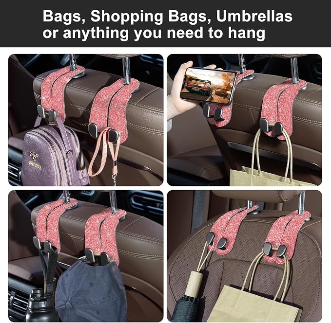 CoBak Purse Hook for Car - Universal Premium Stitched Leather and Aluminum-Magnesium Alloy Double Car Seat Back Storage Hook for Purses, Handbags, Bags (2 Pack),Fuchsia Glitter - Image 6