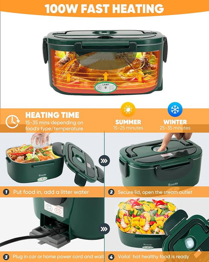 Electric Lunch Box Food Heater 80W for Adults, Portable Food Warmer Heated Lunch Box for Car Truck Work with 1.5L Stainless Steel Container Fork & Spoon 12/24/110V Lonchera Eléctrica Portátil - Image 6