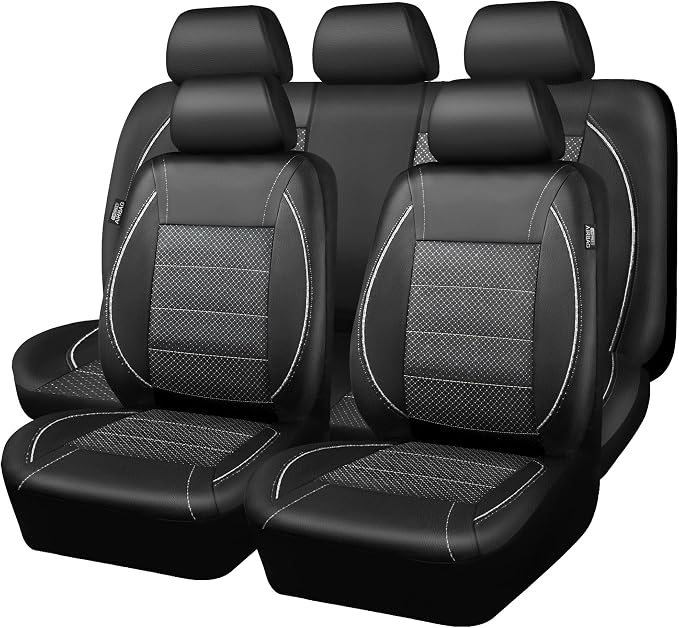 CAR PASS Piping PU Leather Car Seat Cover Full Set, Inside Zipper Design and Reserved Opening Holes, Airbag Compatible,Universal FIT for Car, SUVs,Van,Trucks（Full Set, Black & Silver by CARPASS