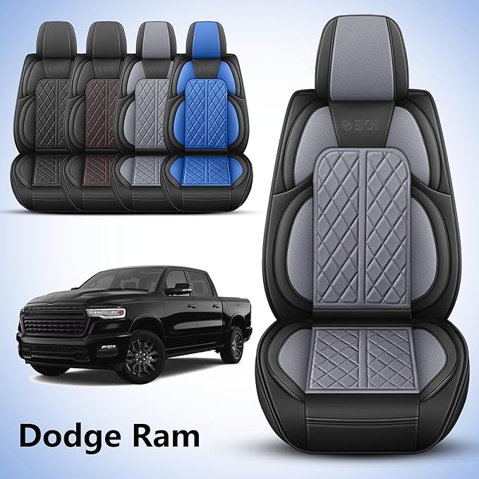 Car Seat Cover Custom Fit for Dodge Ram 1500 2500 3500 2002-2026 Faux Leather Seat Cover Set Compatible with Crew Quad Regular Cab Pickup Truck Cushions (Black & Grey, Full Set, Curved Rear) - Image 2