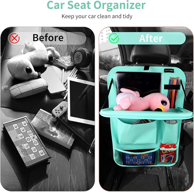 LUCMO Car Backseat Organizer with Foldable Tablet Holder, Light Blue | 2 Pcs,6 Storage Pockets,Foldable Food Tray,Protectors Kick Mats,Travel Accessories,Seat Cover,Road Trip Essentials - Image 7