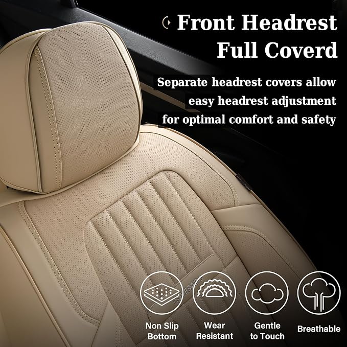 Coverado Car Seat Covers Front Seats, Car Seat Cover Beige, 2-Pack Car Seat Cushion Nappa Leather, Car Seat Protector, Waterproof Seat Covers Carseat Cover Universal Fit for Most Cars Trucks - Image 5