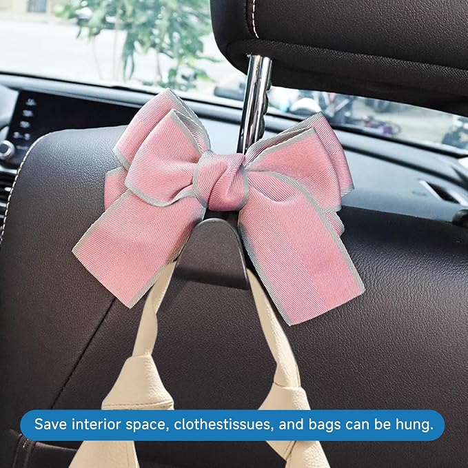 2 Pack Bow Car Seat Headrest Hooks, Pink Border | PVC construction, snap-on installation, holds bags purses or umbrellas, fits most cars and trucks, car interior accessories - Image 3