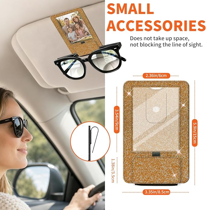 2-in-1 Car Visor Sunglasses & Photo Holder, Magnetic PU Leather Glasses Clip with Picture Display Slot, Universal Sun Visor Organizer for Eyeglasses, Personalized Cards & Memories, Gold Bronze Glitter - Image 5