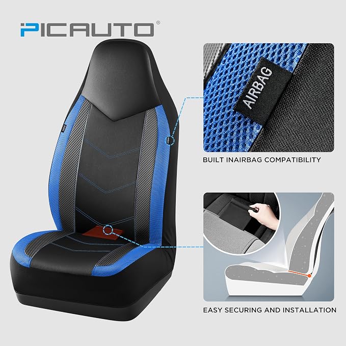 PIC AUTO Leather Car Seat Covers, Sports Carbon Fiber & Mesh Design, High-Back Two Front Set, Waterproof Automotive Seat Covers, Airbag Compatible, Universal Fit for Most Cars (Black & Blue) - Image 3
