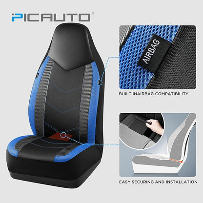 PIC AUTO Leather Car Seat Covers, Sports Carbon Fiber & Mesh Design, High-Back Two Front Set, Waterproof Automotive Seat Covers, Airbag Compatible, Universal Fit for Most Cars (Black & Blue) - Image 3