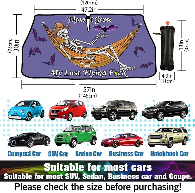 Socira Funny Skeleton Skull Car Windshield Sun Shade Umbrella Sunshade Block UV Rays Sun Visor Protector Auto Windshield Sunshade to Keep Vehicle Cool for Cars Trucks & Suvs 57 X 30 in - Image 3