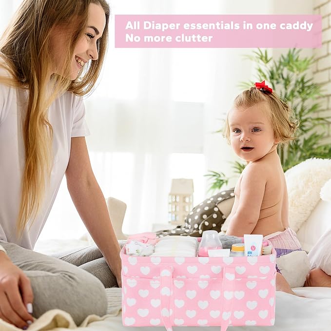 Diaper Caddy Organizer for Baby Girl-Nursery Storage Bin-Portable Car Organizer for Diapers and Baby Wipes- Baby Shower Registry Basket Newborn Must Have Tote Caddy Bag（Pink Heart） - Image 2