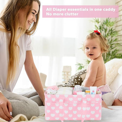 Diaper Caddy Organizer for Baby Girl-Nursery Storage Bin-Portable Car Organizer for Diapers and Baby Wipes- Baby Shower Registry Basket Newborn Must Have Tote Caddy Bag（Pink Heart） - Image 2