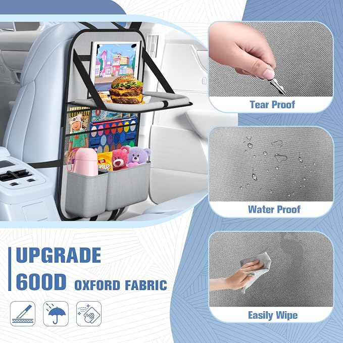 2PACK-Car Backseat Organizer with Touch Screen Tablet Holder,9 Storage Pockets Storage Organizer with Foldable Food Tray, Protector Kick Mats for Kids, Travel Accessories Organizer (Grey) - Image 7