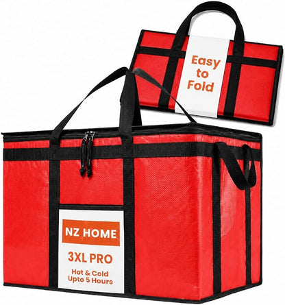 NZ home PRO Large Insulated Food Delivery Bag (3XL, Red, 1 Pack) | Thermal bag, For cold & hot food, Water-resistant, Portable cooler, Soft sided catering tote, Grocery bag with zippered top by NZhome