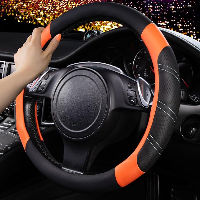 CAR PASS Line Rider Microfiber Leather Sporty Steering Wheel Cover Universal Fits for 95% Truck,SUV,Cars,14.5-15inch Anti-Slip Safety Comfortable Desgin (Black-Orange) - Image 2