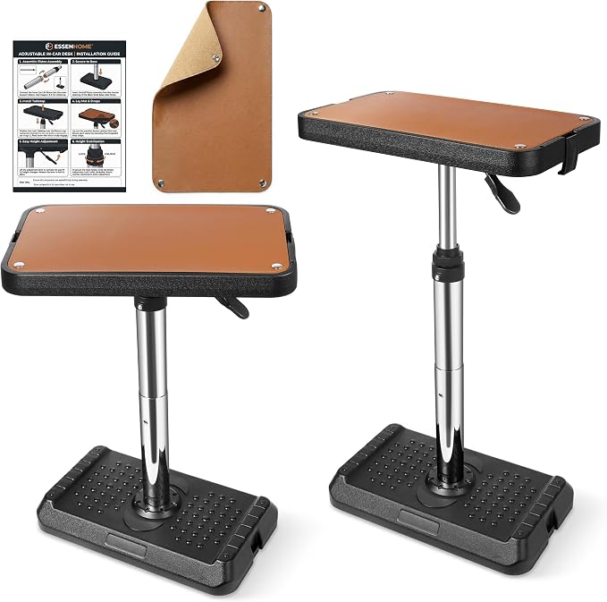 Compact Car Seat Tray Table with Premium Leather Mat – Small Portable Car Desk Tray for Laptop & Tablet, Adjustable Travel Table for Front Passenger, Rear & Driver Seat by EssenHome