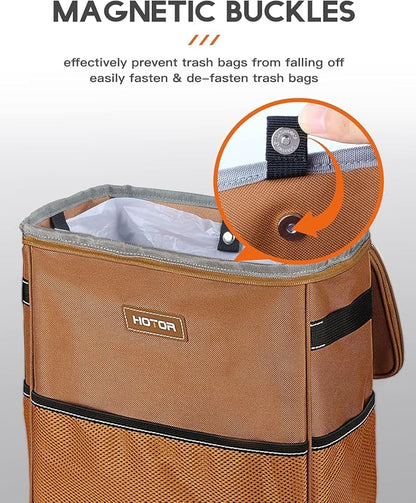 HOTOR Car Trash Can, Compact Waterproof Organizer, Leak-Proof Bin, 3-Gallon | Brown, Multifunctional Car Accessory with Adjustable Straps & Magnetic Snaps for Interior Car Storage - Image 3