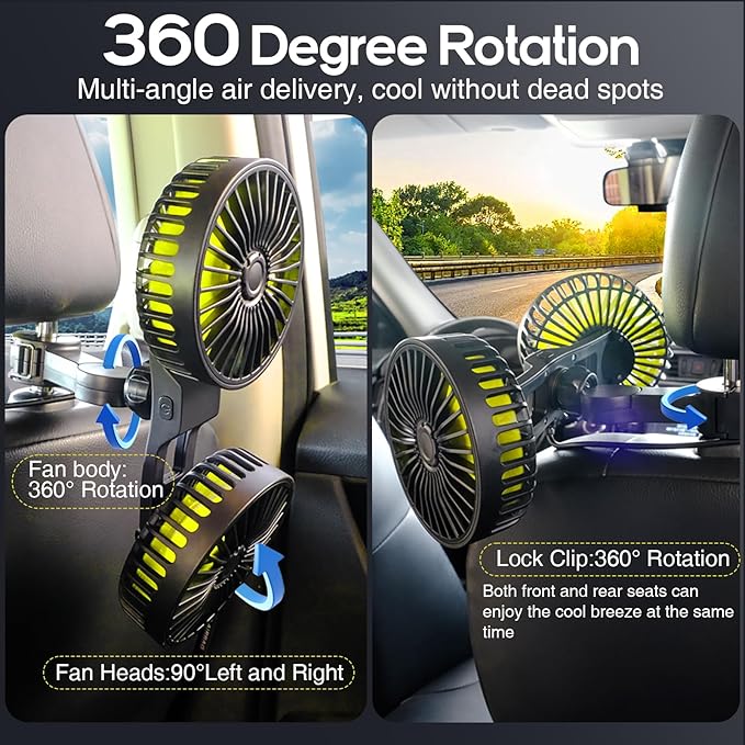 Dealswin Car Fan for Backseat kids, Dual Head USB Car Seat Fans, 360° Rotatable Strong Wind Rear Headrest CarFan for Baby, Air Circulation Fan with Adjustable Clip for Vehicles SUV RV - Image 2