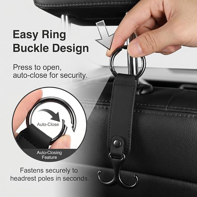 Car Headrest Hooks, Leather Seat Back Organizer with Ring Buckle, Wear Resistant Hanging Interior Storage Accessories, Universal for Most Cars SUVs Trucks (Black) - Image 3