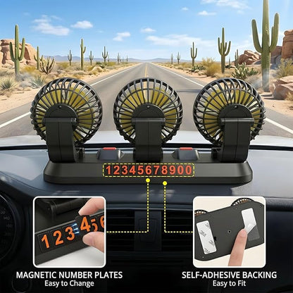 12V Car Cooling Three-Head Fan, 360° Rotation, 2-Speed Adjustable, Low Noise, Portable Fan for SUV, RV, Vehicle, Boat, Golf Cart with 51-Inch Cord - Image 7