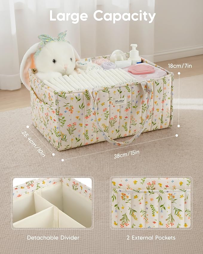 Maliton Diaper Caddy Organizer with 2 Side Pockets, Portable, Spring Floral | with Handle and Removable Dividers, Nursery Storage Basket, Car Organizer for Diapers & Wipes. Boy & Girl Shower Gift - Image 4