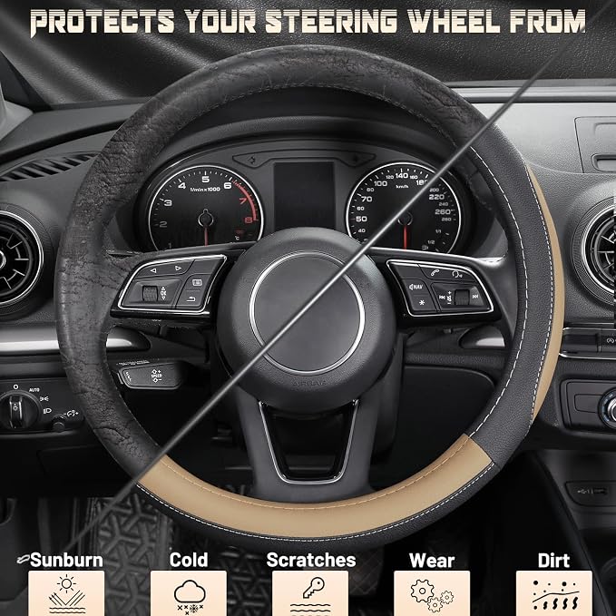 SEG Direct Car Steering Wheel Cover for Prius Civic Model 3 / Y 14"-14.25" | Small Size 35.5-36 cm for Camaro, Microfiber Leather, Anti-Slip Comfortable Grip, Auto Interior Accessories, Black and Beige - Image 4