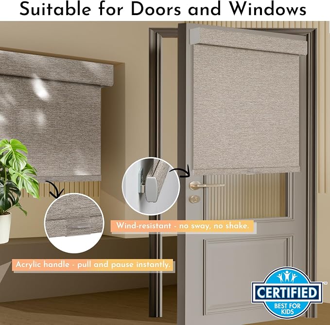 Persilux Blackout Roller Shades for Window Blinds,Cordless,Linen Fabric,Thermal Insulated Fabric UV Protection Shades for Home,Office,Bedroom,Door,Blackout-Light Brown,34 1/2" W X 64" H - Image 3