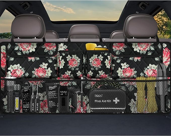 Femuar Car Trunk Organizer,Large Capacity Backseat Trunk Organizer(42"*18"),Collapsible Car Storage Bag with 8 Pocekt,Car Organizer for SUV/MPV/Truck - Floral by GuangzhouTailinTechnologyCo