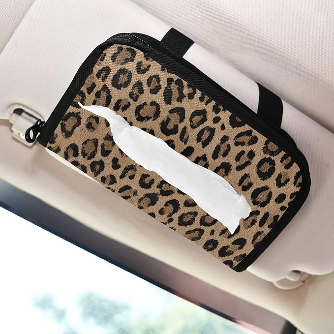 Car Tissue Holder Car Napkin Holder Box Dispenser Storage Case Sun Visor Mask Holder with Adjustable Straps Reusable Refillable Brown Leopard Print - Image 7
