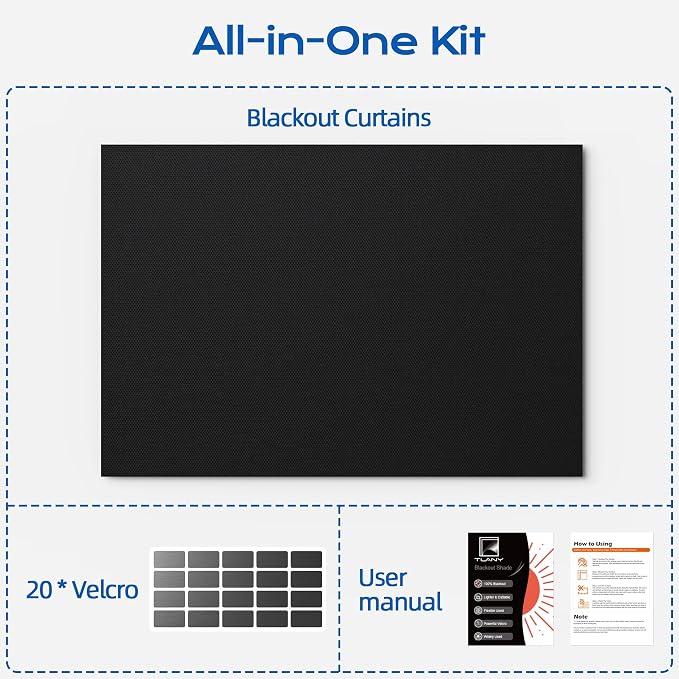 Blackout Curtains for Bedroom, 70" x 58" Portable Blackout Blinds No Drill | 100% Blackout Window Cover with Hook&Loop Strip, Temporary Blackout Shades, Blackout Window Film for Nursery Travel RV- Black - Image 8