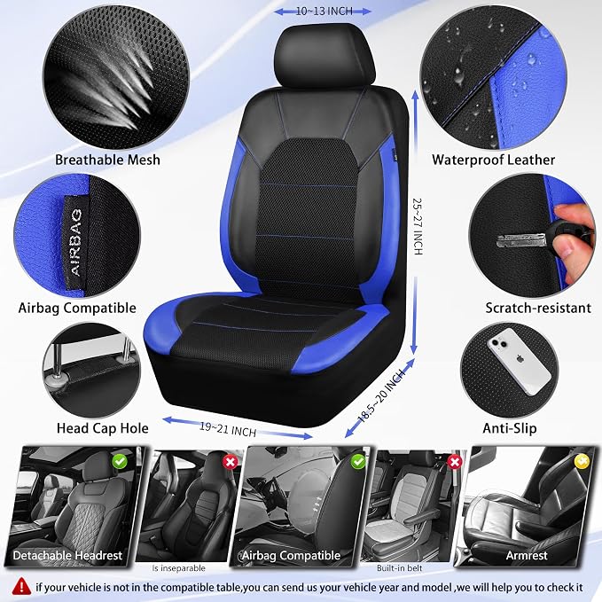 CAR PASS Leather Car Seat Covers Front Seats Only, with Air Mesh Front Seat Covers Breathable, Cool Automotive Seat Cover 2 Pack, Universal Fit Most Cars,SUV,Truck,Van Airbag Compatible(Black & Blue) - Image 2