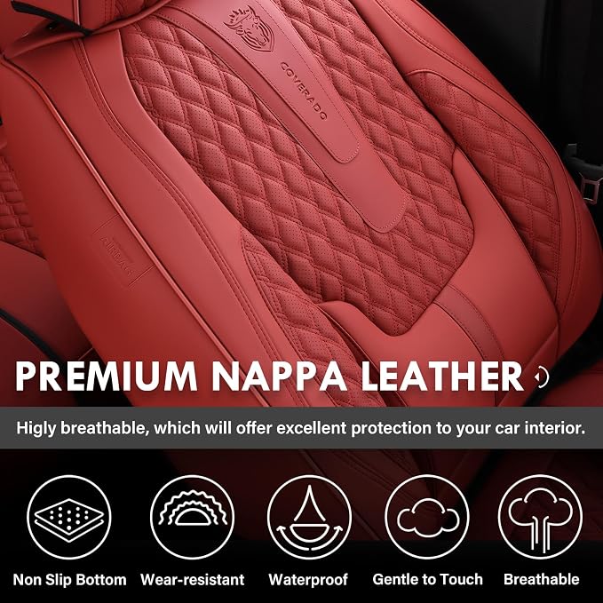 Coverado Car Seat Covers Full Set, Red Seat Covers for Car with Lumbar Support, Nappa Leather Seat Covers Waterproof Car Seat Protectors Universal Fit for Most Cars SUV Trucks - Image 5