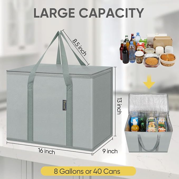 BALEINE 2Pk Insulated Reusable Grocery Bags, Collapsible Cooler Bag for Groceries, Heavy Duty Large Insulated Bag (16''x9''x13'', Urban Gray) - Image 4