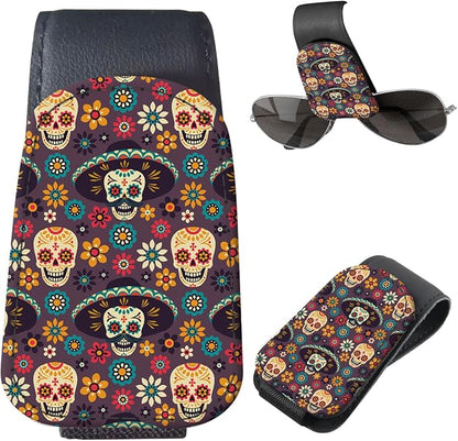 Sunglasses Holder for Car Visor, PU Leather Glasses Clip Organizer, Cute Magnetic Eyeglass Holder for Vehicle Sun Visor, Car Interior Accessory for Women & Men Sugar Skull Floral by Unknown