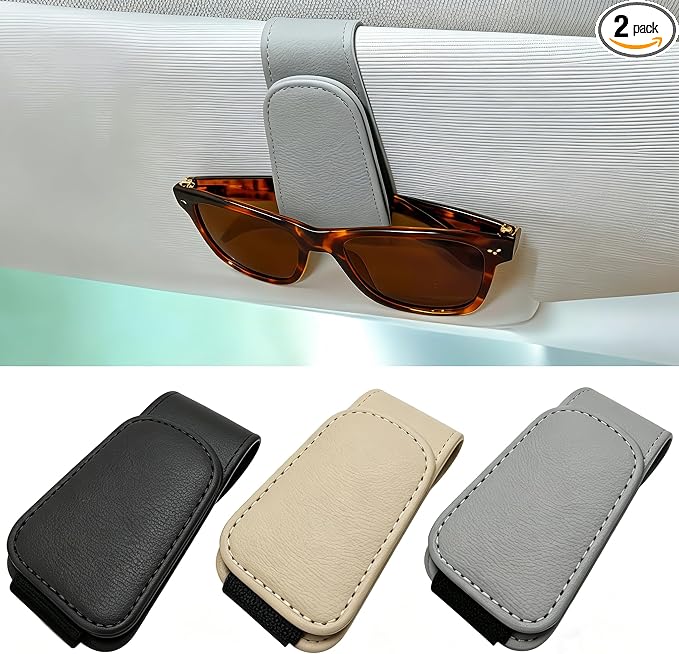 EldHus Sunglass Holder for Car Visor - 2 Pack Magnetic Car Glasses Holder Clip, Leather Eyeglass Holder for Car, Universal Sunglasses Clip for Car Visor, Gray by EldHus