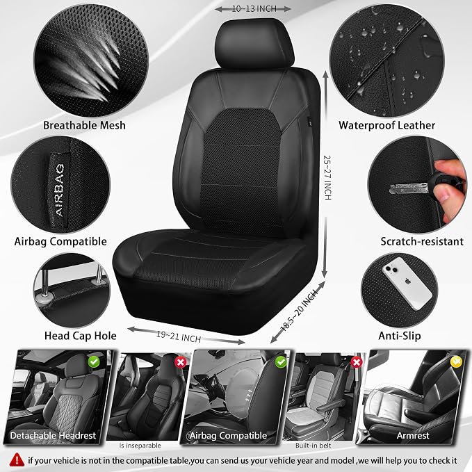 CAR PASS Universal Leather Two Front Seat Covers,Sport seat Covers fits Most Cars, SUVs, Trucks, and Vans Airbag Compatible (Black and Black) - Image 2